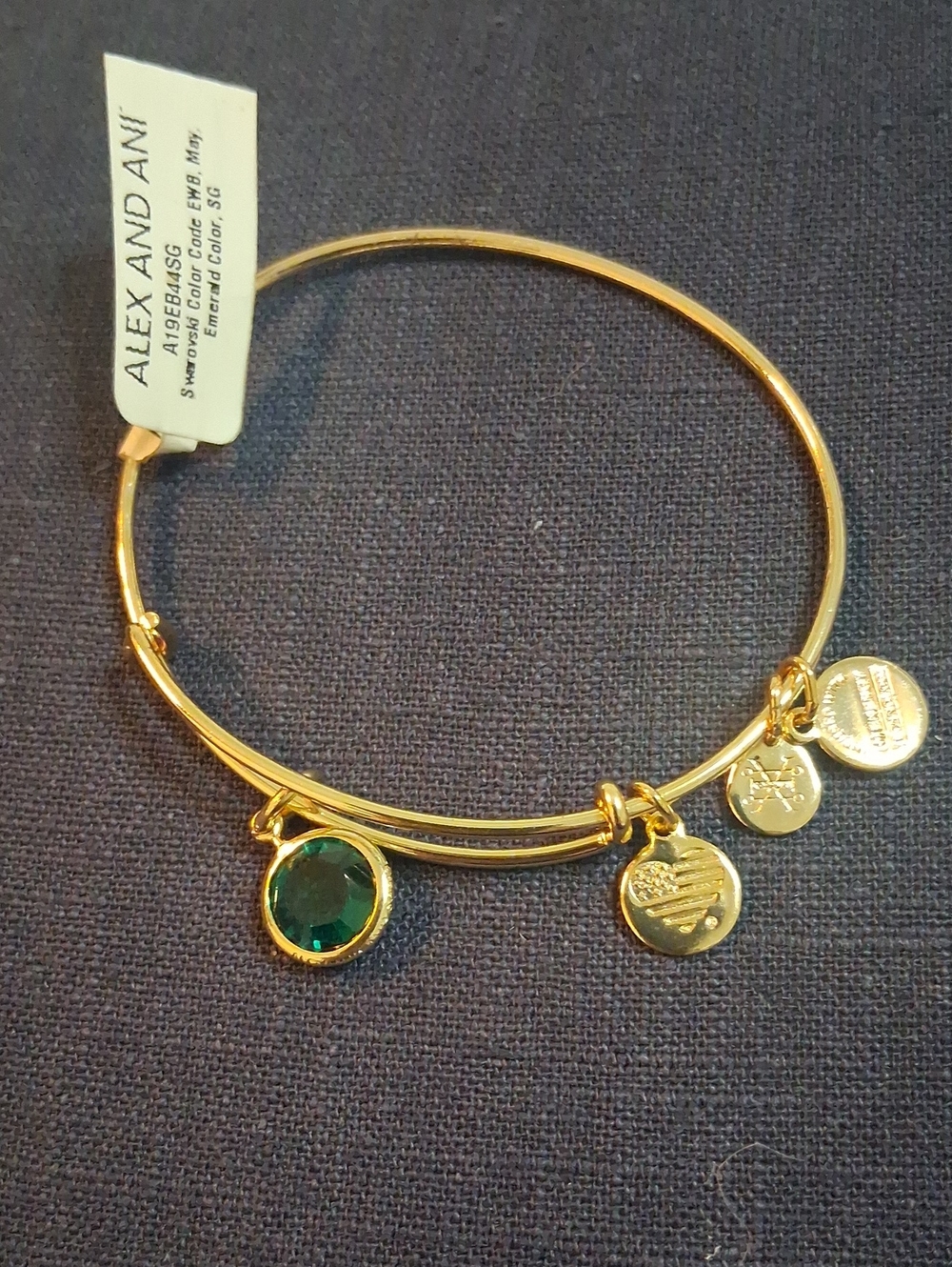 Alex and Ani Gold Bangle Bracelet with Emerald Green Crystal Charm
